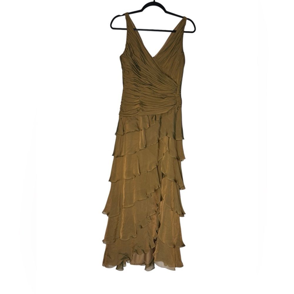 Tadashi Shoji Petite 8P 100% Silk Ruffle Tiered Midi Dress Brown V-Neck VTG